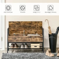 Mobile Scarpiera in Stile Industriale con Vano, Panca Scarpiera Vintage Salvaspazio in Legno e Metallo, Marrone Rustico, 90x37x60cm