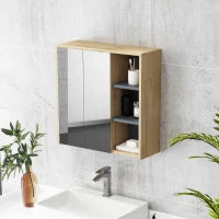 Armadietto per il Bagno con Specchio, Armadietto Toilette a Muro, 3 Mensole Aperte, 60 x 20 x 60 cm, Legno Naturale