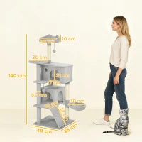 Albero Tiragraffi per Gatti Alto 140 cm con 2 Casette, Amaca, Lettino e Pali in Sisal, Grigio