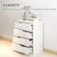 Cassettiera 4 Cassetti Moderna e Minimal in Legno, 60x40x85 cm, Bianco Lucido