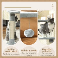 Tiragraffi per Gatti con Casetta, 2 Piattaforme e Pallina, in Legno, Sisal e Peluche, 50x30x81.5 cm, Grigio