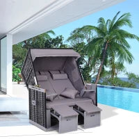 Sdraio da Spiaggia Reclinabile a 2 Posti con Tettuccio Parasole e Cassetti, Grigio