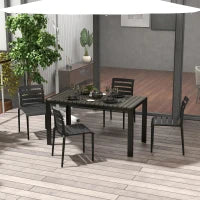 Set da Giardino con Tavolo e 4 Sedie Impilabili in Acciaio e Doghe in Plastica, Nero
