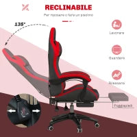 Sedia da Gaming con Altezza Regolabile e Schienale Reclinabile, 65x65x121-129 cm, Nero e Rosso