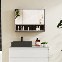 Specchiera Bagno a 3 Ante con Armadietto 8 Vani e Ante Ammortizzate, 80x20x60 cm, Grigio