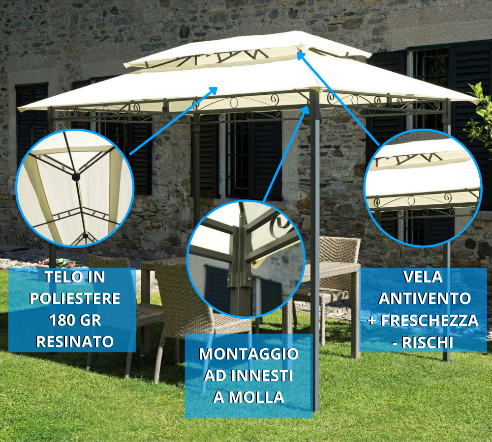 Gazebo fisso rettangolare 3x2 mt telo ecrù 180gr, struttura in ferro Tomaino GAZ 363