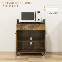 Carrello da Cucina con Cassetto, Armadietto e 4 Ruote in Legno, 60x40x77cm, Marrone Rustico