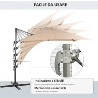 Ombrellone da Giardino 268x268x250cm a Braccio Girevole a 360° e Inclinabile su 5 Livelli, Colore Khaki