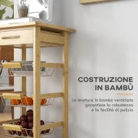 Carrello Cucina con Ruote, Cassetto e 3 Cestini a Rete Metallica, 37x37x76cm, Colore Legno