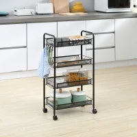 Carrello da Cucina a 4 Ripiani Rimovibili con 4 Ganci e Ruote, in Acciaio e Plastica PP, 45x26.5x84 cm, Nero