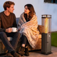 Stufa a Pellet da Esterno Potenza 6.86Kw con Base Antiscivolo, Tubo in Vetro e Rete in Metallo, Nero