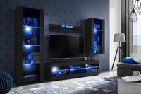 Set Di Mobili Porta TV Tivoli Medio, Komodee, Nero/Nero, LED Blu, Larghezza 245 cm x Altezza 159 cm x Profondità 35 cm, Per soggiorno, Camera da letto