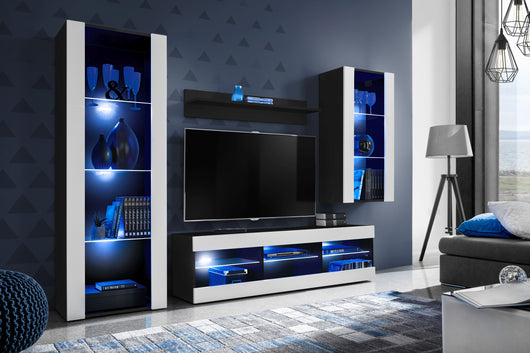 Set Di Mobili Porta TV Tivoli Medio, Komodee, Nero/Bianco, LED Blu, Larghezza 245 cm x Altezza 159 cm x Profondità 35 cm, Per soggiorno, Camera da letto