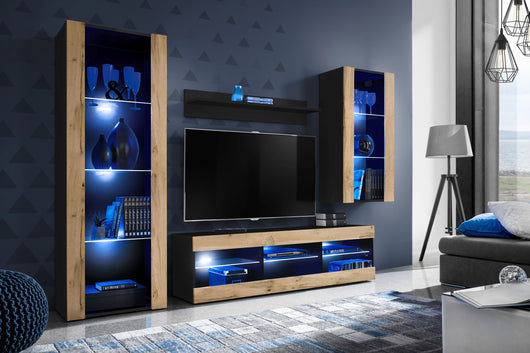 Set Di Mobili Porta TV Tivoli Medio, Komodee, Nero/Wotan, LED Blu, Larghezza 245 cm x Altezza 159 cm x Profondità 35 cm, Per soggiorno, Camera da letto