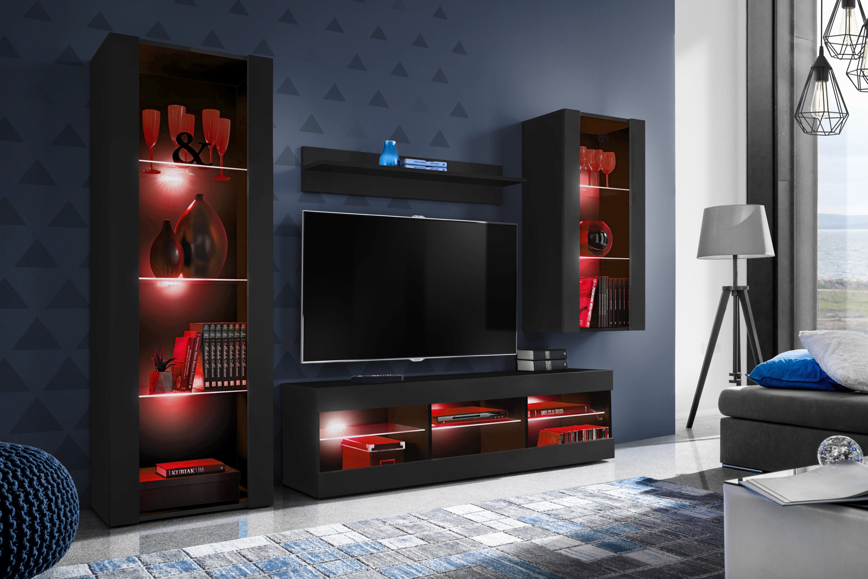 Set Di Mobili Porta TV Tivoli Medio, Komodee, Nero/Nero, LED RGB, Larghezza 245 cm x Altezza 159 cm x Profondità 35 cm, Per soggiorno, Camera da letto