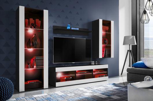 Set Di Mobili Porta TV Tivoli Medio, Komodee, Nero/Bianco, LED RGB, Larghezza 245 cm x Altezza 159 cm x Profondità 35 cm, Per soggiorno, Camera da letto