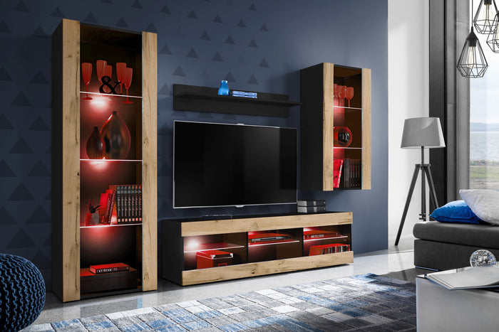 Set Di Mobili Porta TV Tivoli Medio, Komodee, Nero/Wotan, LED RGB, Larghezza 245 cm x Altezza 159 cm x Profondità 35 cm, Per soggiorno, Camera da letto
