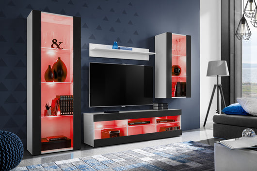 Set Di Mobili Porta TV Tivoli Medio, Komodee, Bianco/Nero, LED RGB, Larghezza 245 cm x Altezza 159 cm x Profondità 35 cm, Per soggiorno, Camera da letto