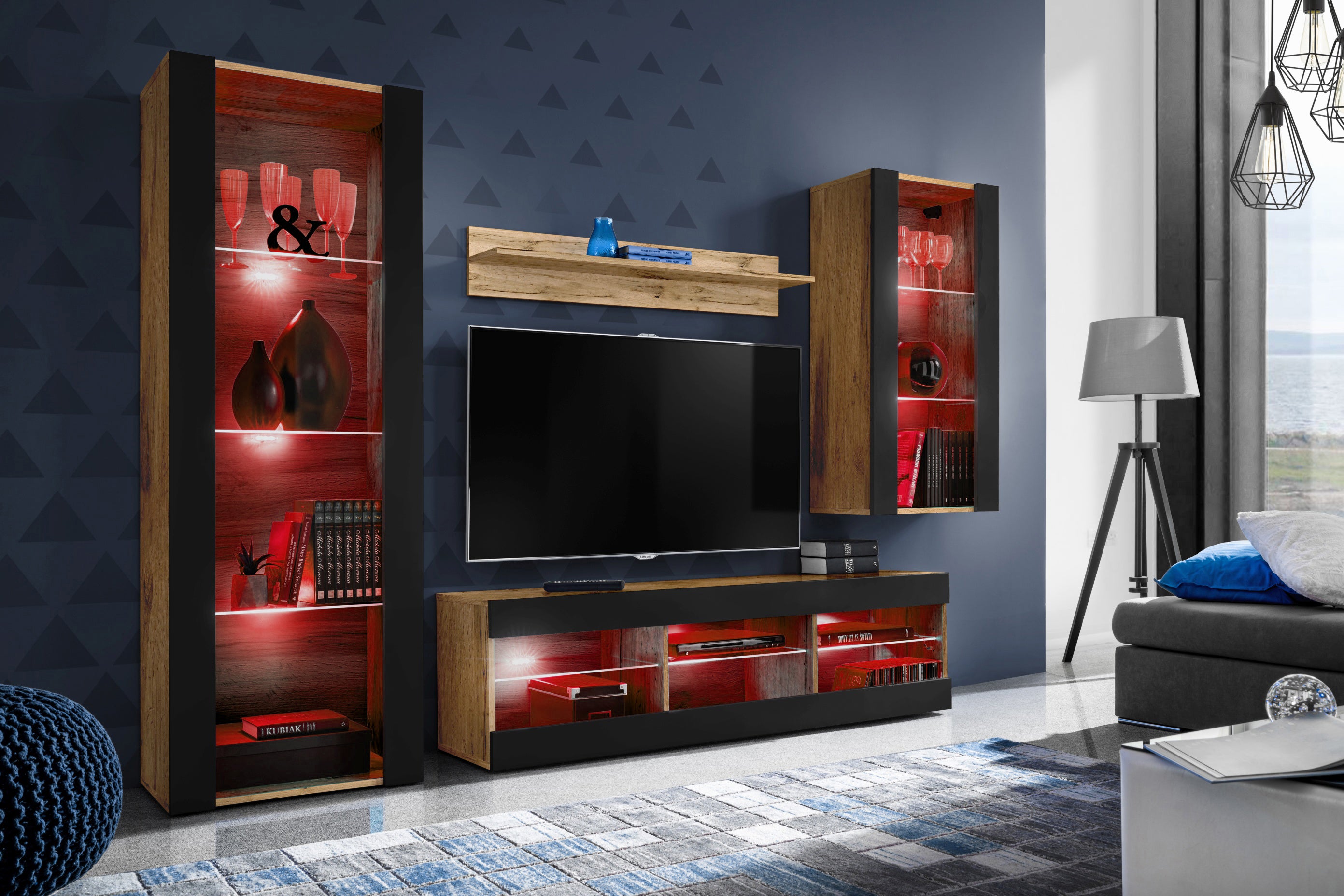 Set Di Mobili Porta TV Tivoli Medio, Komodee, Wotan/Nero, LED RGB, Larghezza 245 cm x Altezza 159 cm x Profondità 35 cm, Per soggiorno, Camera da letto