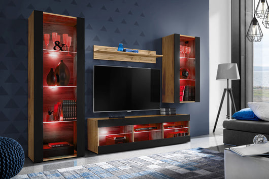 Set Di Mobili Porta TV Tivoli Medio, Komodee, Wotan/Nero, LED RGB, Larghezza 245 cm x Altezza 159 cm x Profondità 35 cm, Per soggiorno, Camera da letto