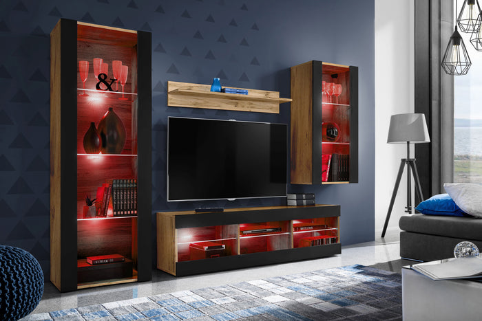 Set Di Mobili Porta TV Tivoli Medio, Komodee, Wotan/Nero, LED RGB, Larghezza 245 cm x Altezza 159 cm x Profondità 35 cm, Per soggiorno, Camera da letto