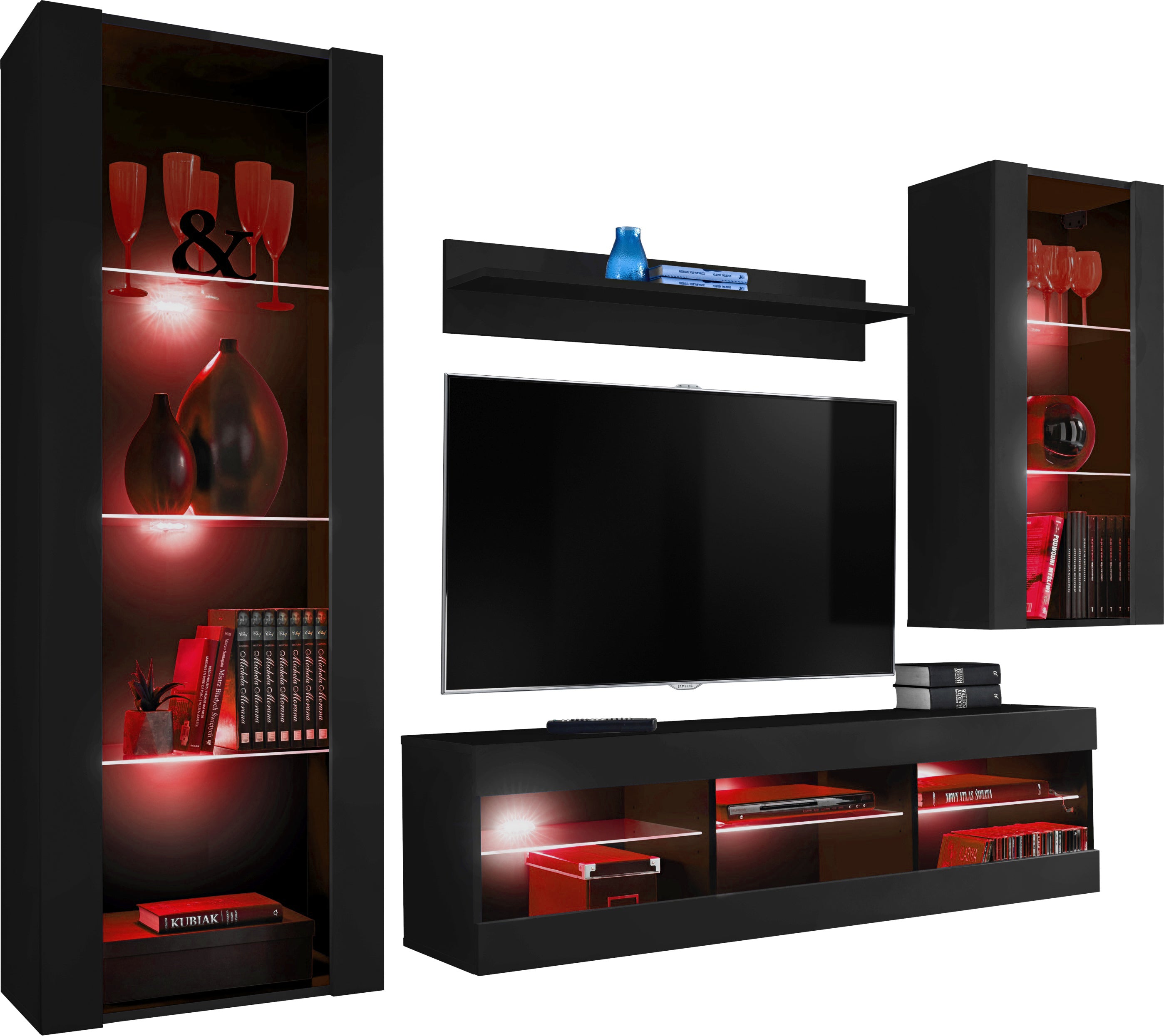 Set Di Mobili Porta TV Tivoli Medio, Komodee, Nero/Nero, LED RGB, Larghezza 245 cm x Altezza 159 cm x Profondità 35 cm, Per soggiorno, Camera da letto