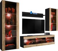 Set Di Mobili Porta TV Tivoli Medio, Komodee, Nero/Wotan, LED RGB, Larghezza 245 cm x Altezza 159 cm x Profondità 35 cm, Per soggiorno, Camera da letto