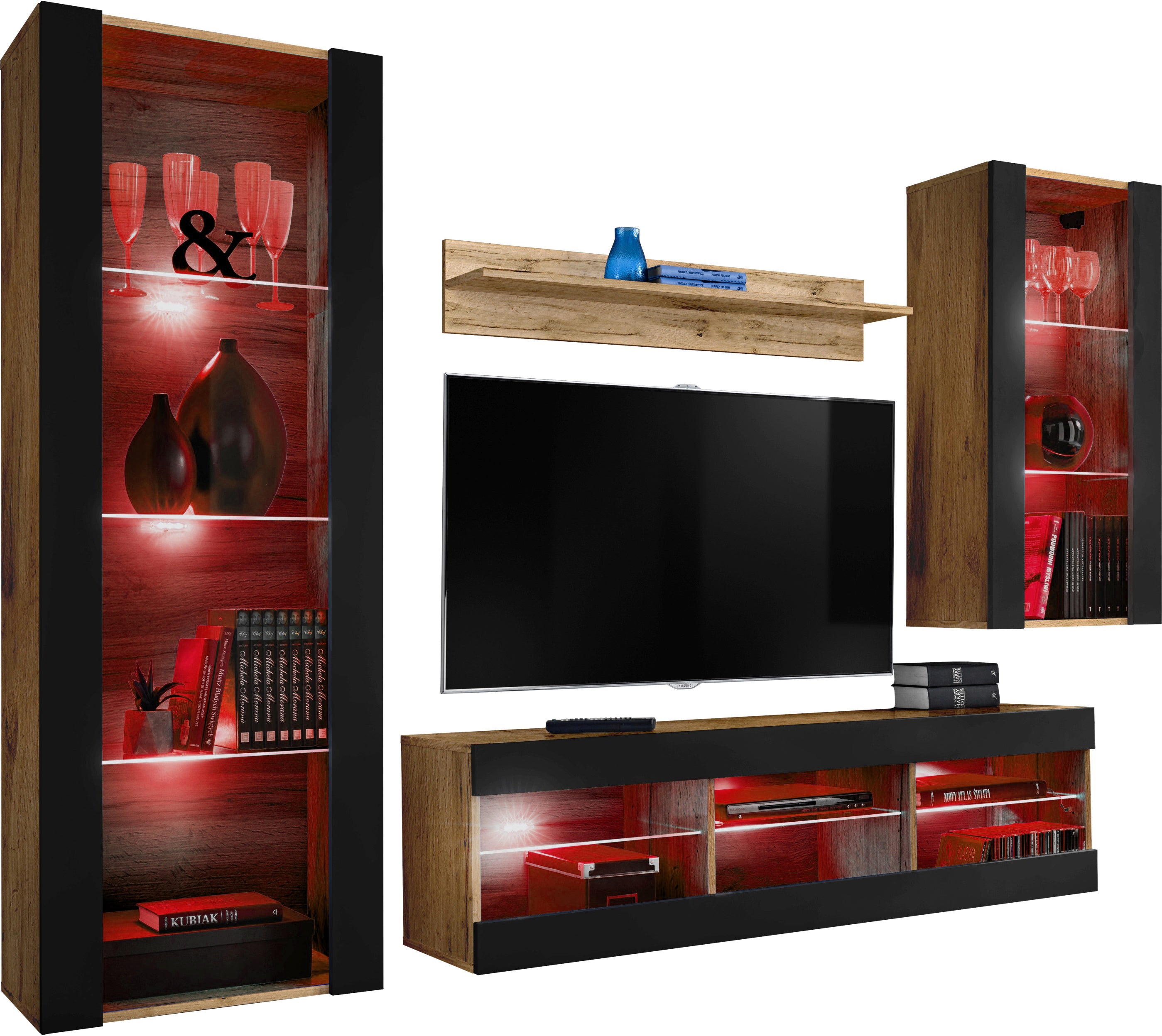 Set Di Mobili Porta TV Tivoli Medio, Komodee, Wotan/Nero, LED RGB, Larghezza 245 cm x Altezza 159 cm x Profondità 35 cm, Per soggiorno, Camera da letto