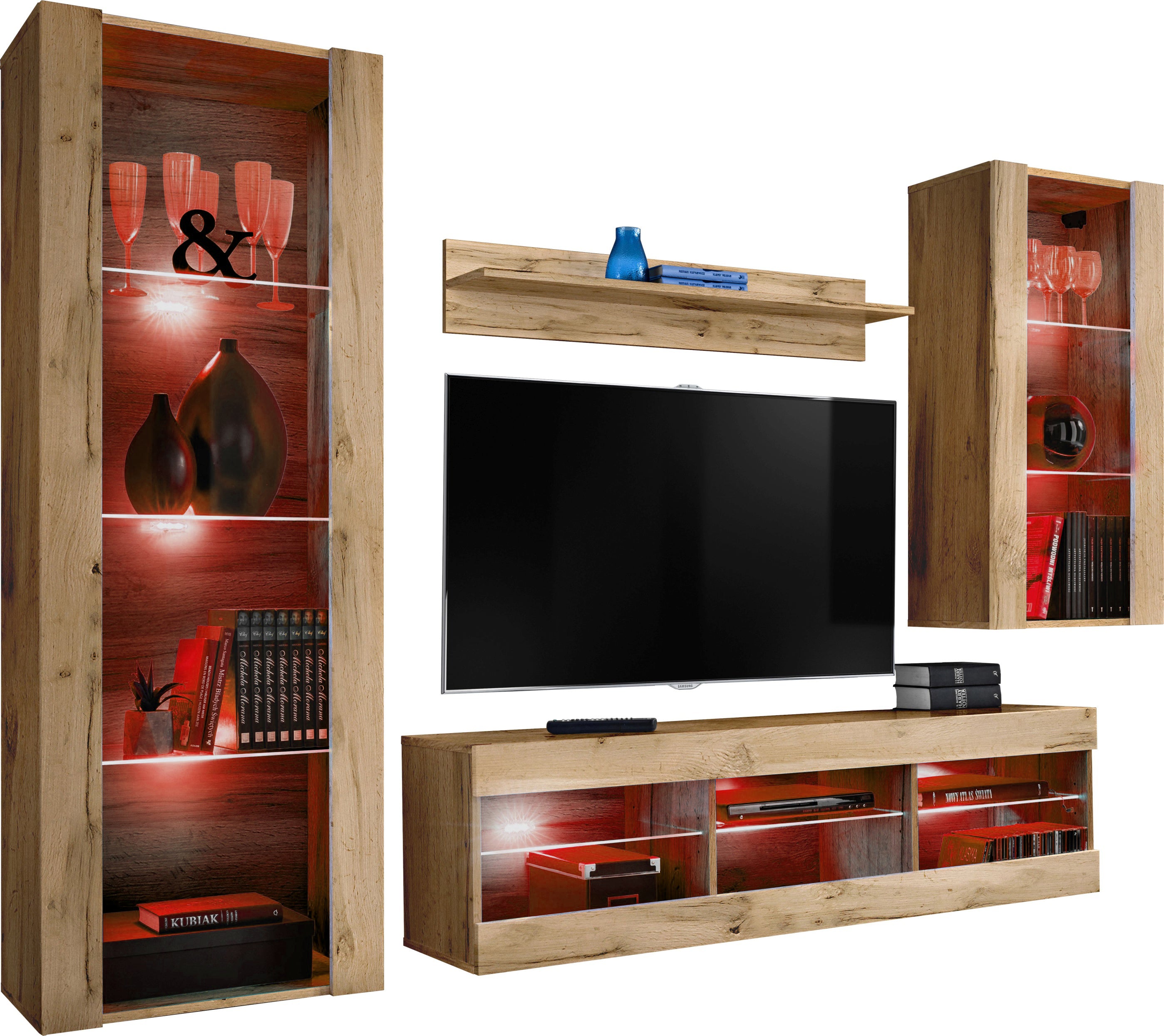 Set Di Mobili Porta TV Tivoli Medio, Komodee, Wotan/Wotan, LED RGB, Larghezza 245 cm x Altezza 159 cm x Profondità 35 cm, Per soggiorno, Camera da letto