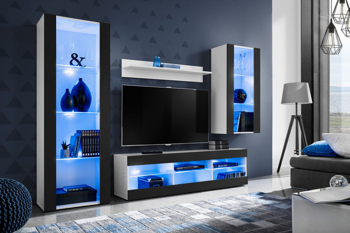 Set Di Mobili Porta TV Tivoli Medio, Komodee, Bianco/Nero, LED Blu, Larghezza 245 cm x Altezza 159 cm x Profondità 35 cm, Per soggiorno, Camera da letto