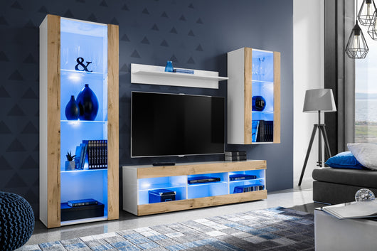 Set Di Mobili Porta TV Tivoli Medio, Komodee, Bianco/Wotan, LED Blu, Larghezza 245 cm x Altezza 159 cm x Profondità 35 cm, Per soggiorno, Camera da letto