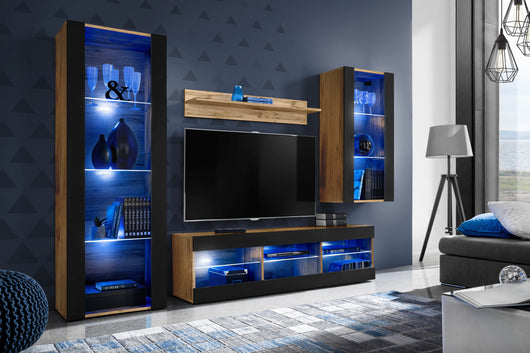 Set Di Mobili Porta TV Tivoli Medio, Komodee, Wotan/Nero, LED Blu, Larghezza 245 cm x Altezza 159 cm x Profondità 35 cm, Per soggiorno, Camera da letto