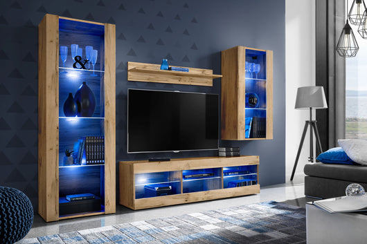 Set Di Mobili Porta TV Tivoli Medio, Komodee, Wotan/Wotan, LED Blu, Larghezza 245 cm x Altezza 159 cm x Profondità 35 cm, Per soggiorno, Camera da letto