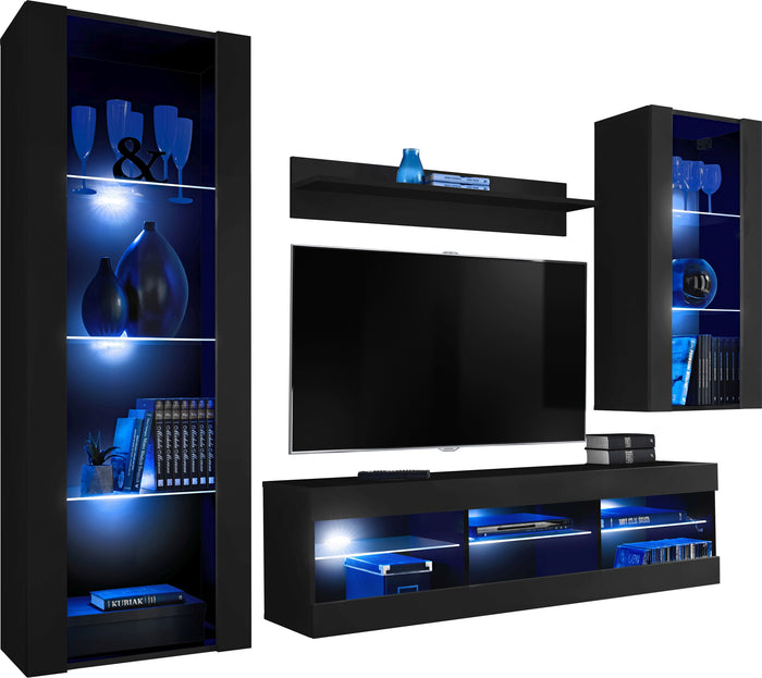 Set Di Mobili Porta TV Tivoli Medio, Komodee, Nero/Nero, LED Blu, Larghezza 245 cm x Altezza 159 cm x Profondità 35 cm, Per soggiorno, Camera da letto