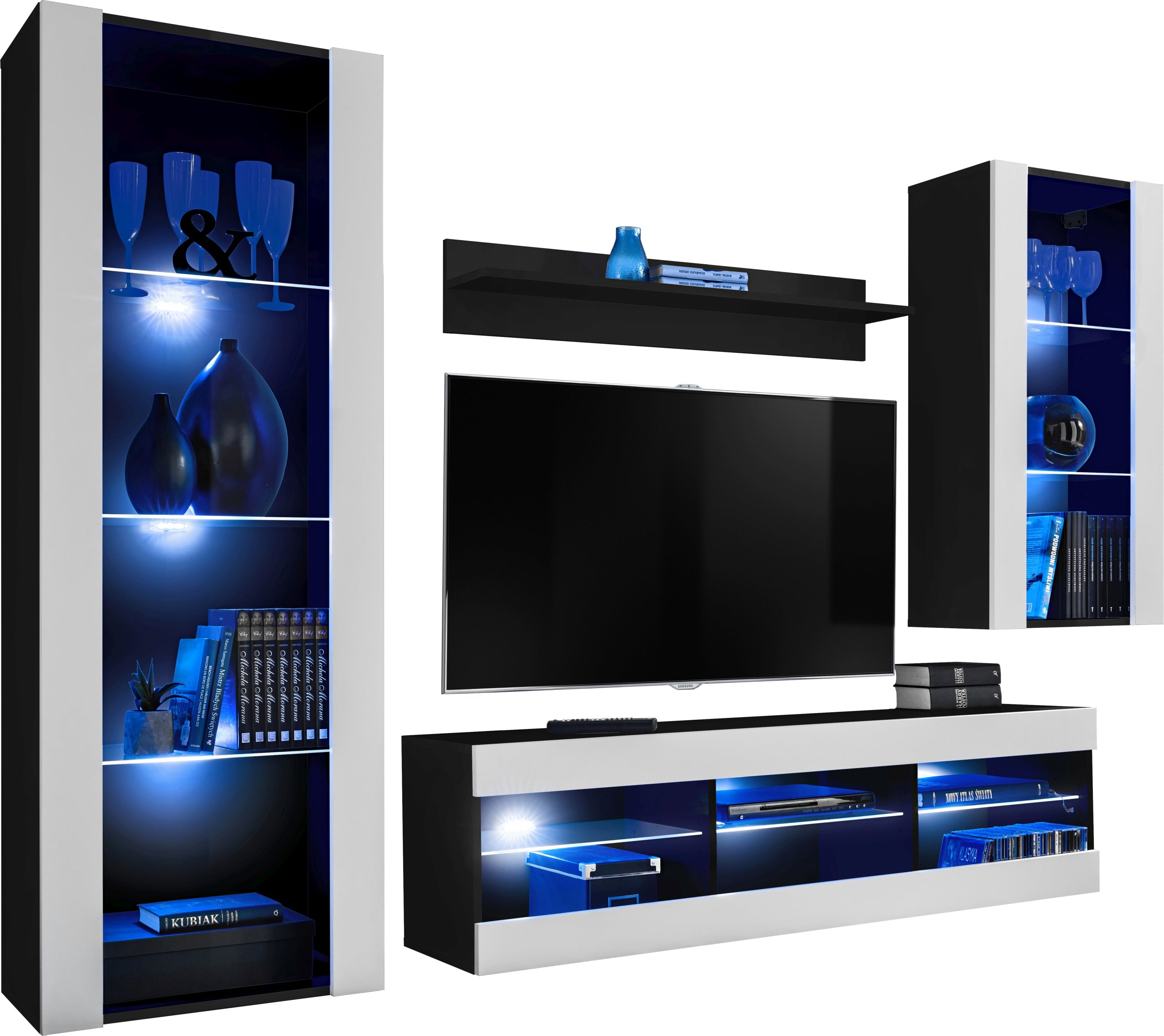 Set Di Mobili Porta TV Tivoli Medio, Komodee, Nero/Bianco, LED Blu, Larghezza 245 cm x Altezza 159 cm x Profondità 35 cm, Per soggiorno, Camera da letto
