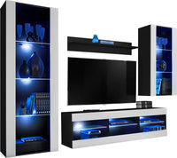 Set Di Mobili Porta TV Tivoli Medio, Komodee, Nero/Bianco, LED Blu, Larghezza 245 cm x Altezza 159 cm x Profondità 35 cm, Per soggiorno, Camera da letto