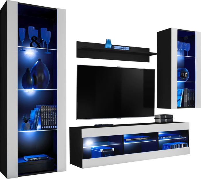 Set Di Mobili Porta TV Tivoli Medio, Komodee, Nero/Bianco, LED Blu, Larghezza 245 cm x Altezza 159 cm x Profondità 35 cm, Per soggiorno, Camera da letto