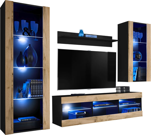 Set Di Mobili Porta TV Tivoli Medio, Komodee, Nero/Wotan, LED Blu, Larghezza 245 cm x Altezza 159 cm x Profondità 35 cm, Per soggiorno, Camera da letto