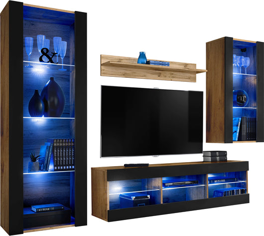 Set Di Mobili Porta TV Tivoli Medio, Komodee, Wotan/Nero, LED Blu, Larghezza 245 cm x Altezza 159 cm x Profondità 35 cm, Per soggiorno, Camera da letto