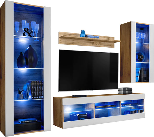 Set Di Mobili Porta TV Tivoli Medio, Komodee, Wotan/Bianco, LED Blu, Larghezza 245 cm x Altezza 159 cm x Profondità 35 cm, Per soggiorno, Camera da letto