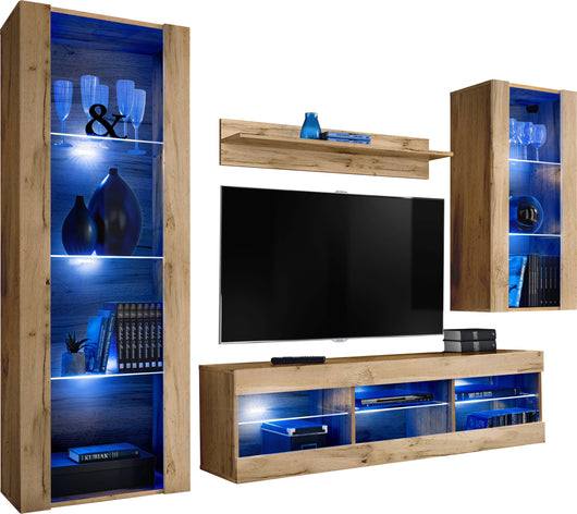 Set Di Mobili Porta TV Tivoli Medio, Komodee, Wotan/Wotan, LED Blu, Larghezza 245 cm x Altezza 159 cm x Profondità 35 cm, Per soggiorno, Camera da letto