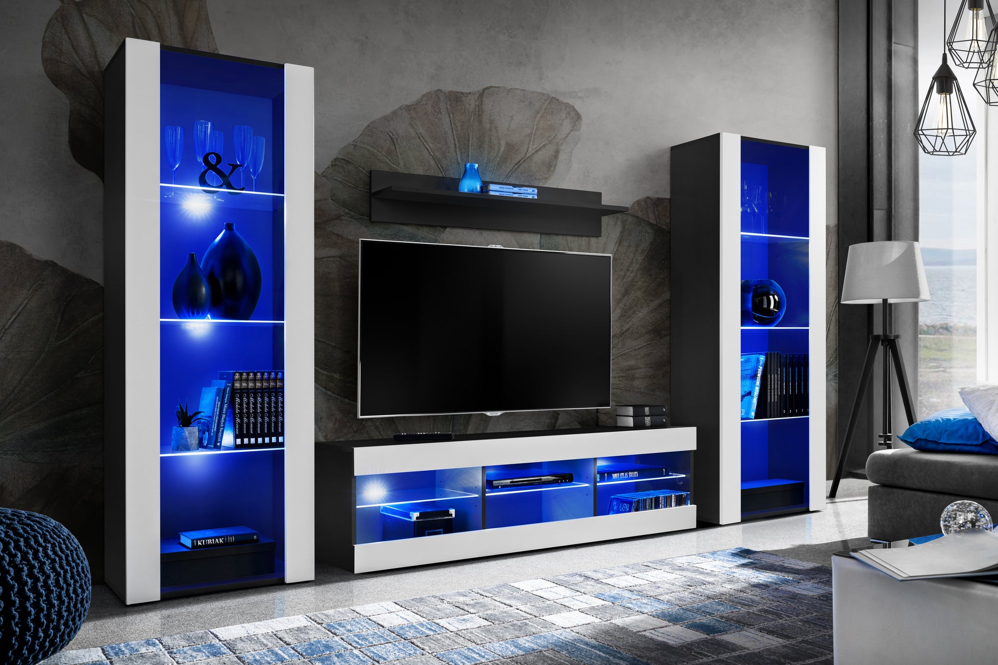 Set di mobili porta TV Tivoli Grande, Komodee, Nero Bianco, LED Blu, Larghezza 250 cm x Altezza 159 cm x Profondità 35 cm, Per soggiorno, Camera da letto