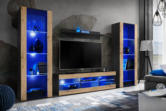 Set di mobili porta TV Tivoli Grande, Komodee, Nero Wotan, LED Blu, Larghezza 250 cm x Altezza 159 cm x Profondità 35 cm, Per soggiorno, Camera da letto