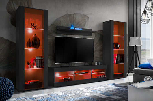Set di mobili porta TV Tivoli Grande, Komodee, Nero, LED RGB, Larghezza 250 cm x Altezza 159 cm x Profondità 35 cm, Per soggiorno, Camera da letto
