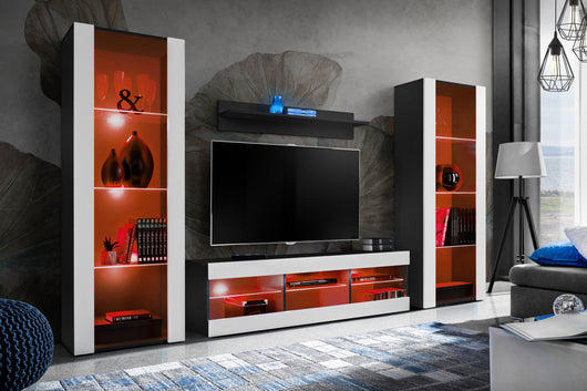 Set di mobili porta TV Tivoli Grande, Komodee, Nero Bianco, LED RGB, Larghezza 250 cm x Altezza 159 cm x Profondità 35 cm, Per soggiorno, Camera da letto