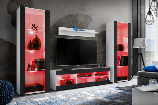 Set di mobili porta TV Tivoli Grande, Komodee, Bianco Nero, LED RGB, Larghezza 250 cm x Altezza 159 cm x Profondità 35 cm, Per soggiorno, Camera da letto