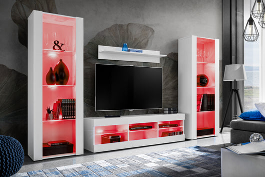 Set di mobili porta TV Tivoli Grande, Komodee, Bianco, LED RGB, Larghezza 250 cm x Altezza 159 cm x Profondità 35 cm, Per soggiorno, Camera da letto