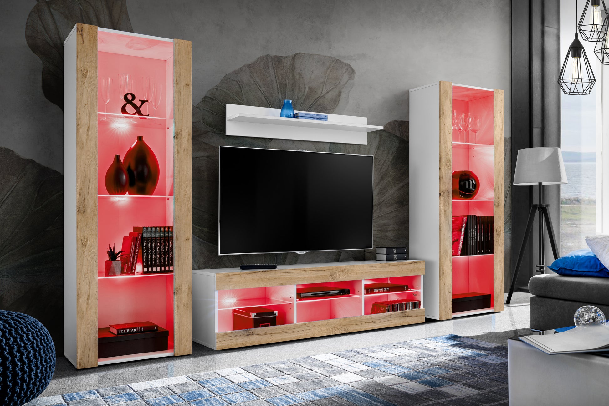 Set di mobili porta TV Tivoli Grande, Komodee, Bianco Wotan, LED RGB, Larghezza 250 cm x Altezza 159 cm x Profondità 35 cm, Per soggiorno, Camera da letto