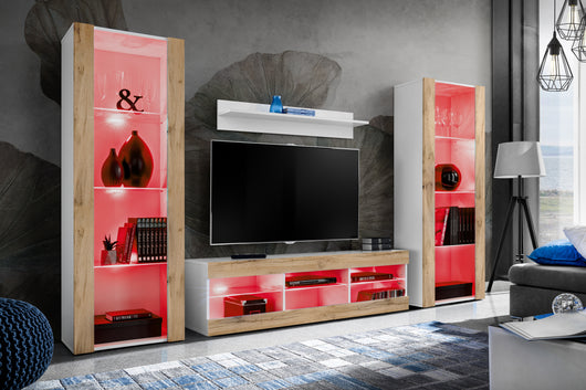 Set di mobili porta TV Tivoli Grande, Komodee, Bianco Wotan, LED RGB, Larghezza 250 cm x Altezza 159 cm x Profondità 35 cm, Per soggiorno, Camera da letto