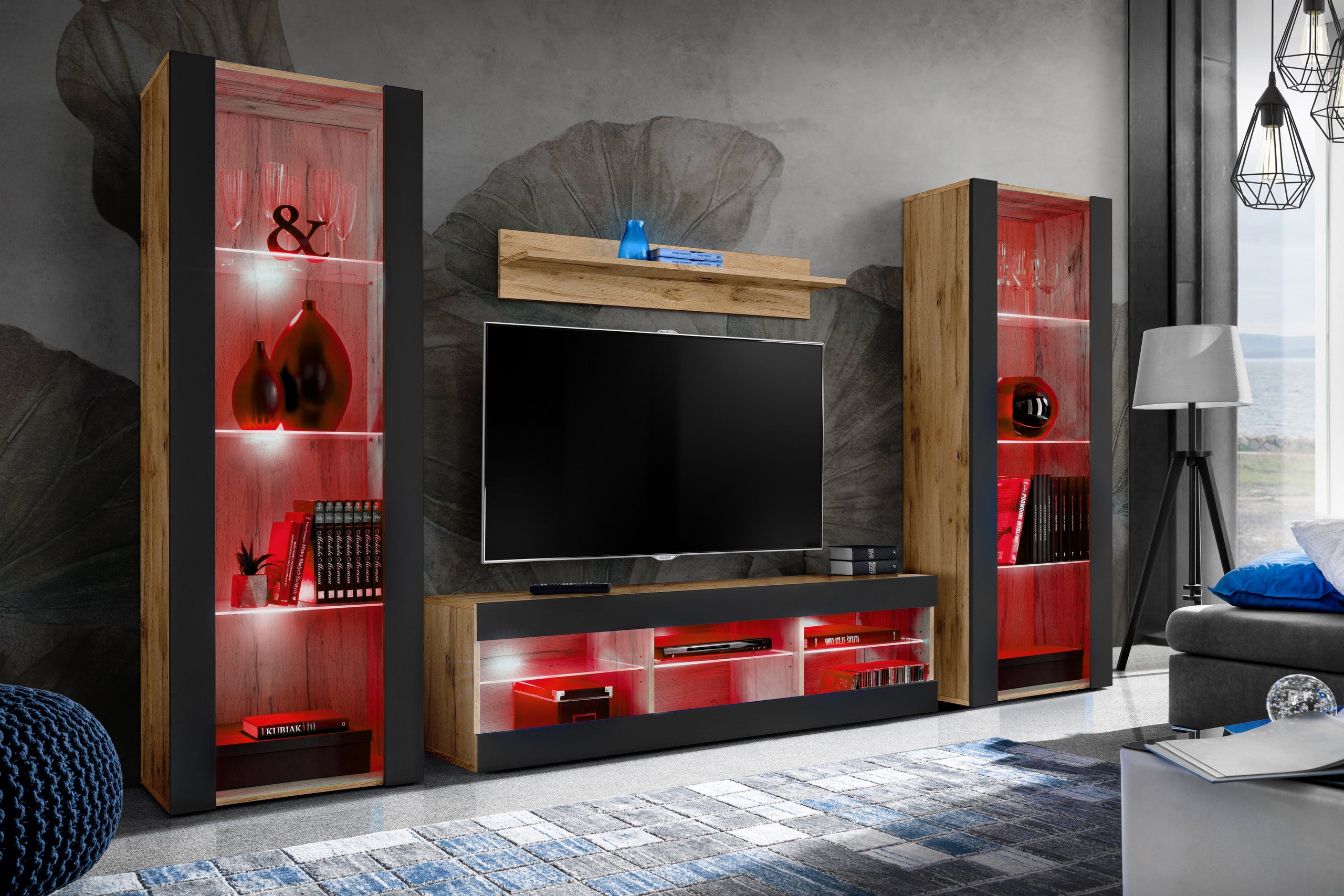 Set di mobili porta TV Tivoli Grande, Komodee, Wotan Nero, LED RGB, Larghezza 250 cm x Altezza 159 cm x Profondità 35 cm, Per soggiorno, Camera da letto